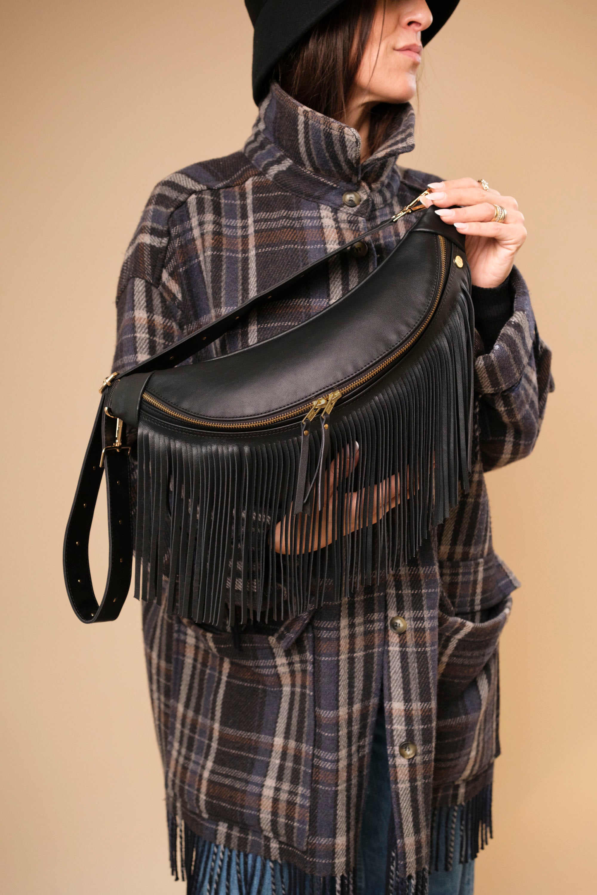 Banane à Frange Cuir Lisse Noir