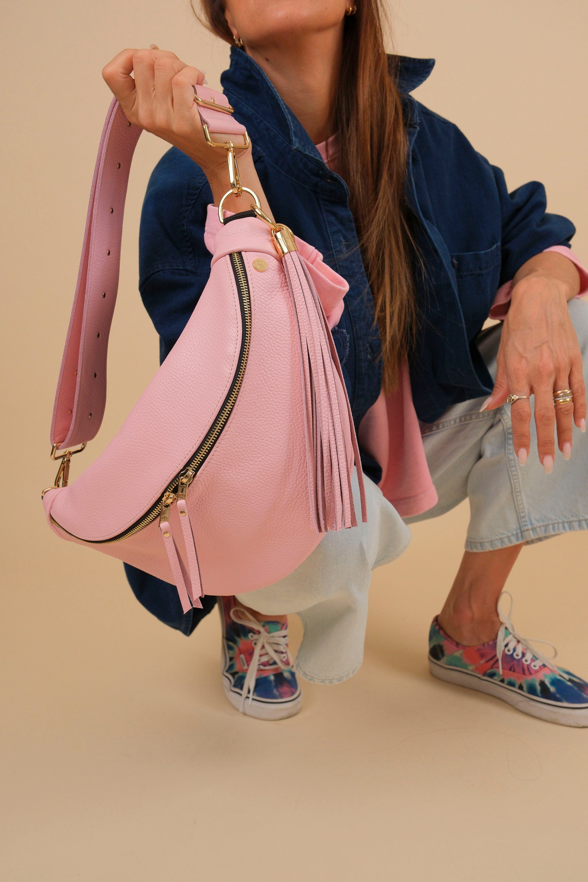 Banane Simple Cuir Grainé Rose Ballet