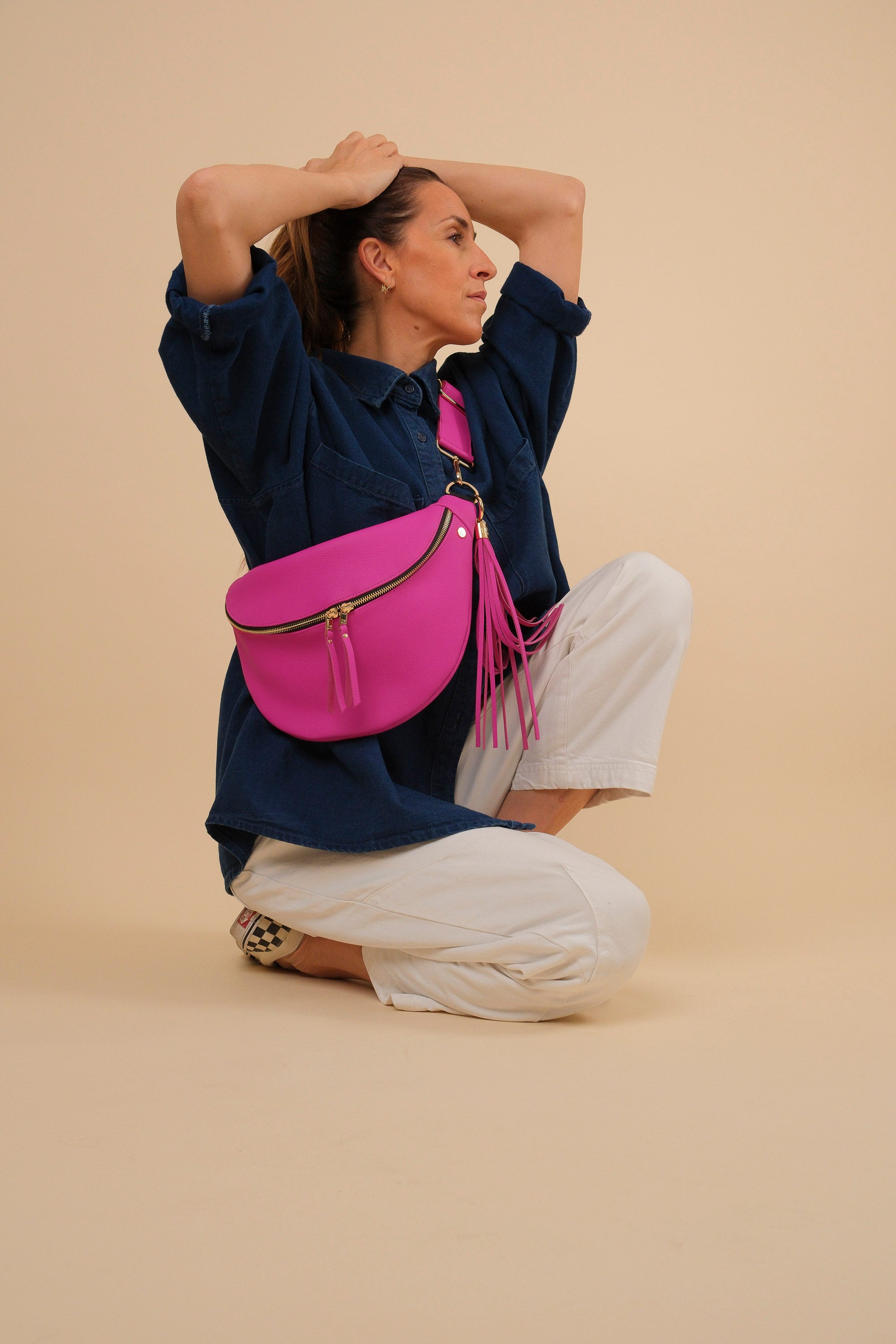 Banane Simple Cuir Grainé Rose Néon
