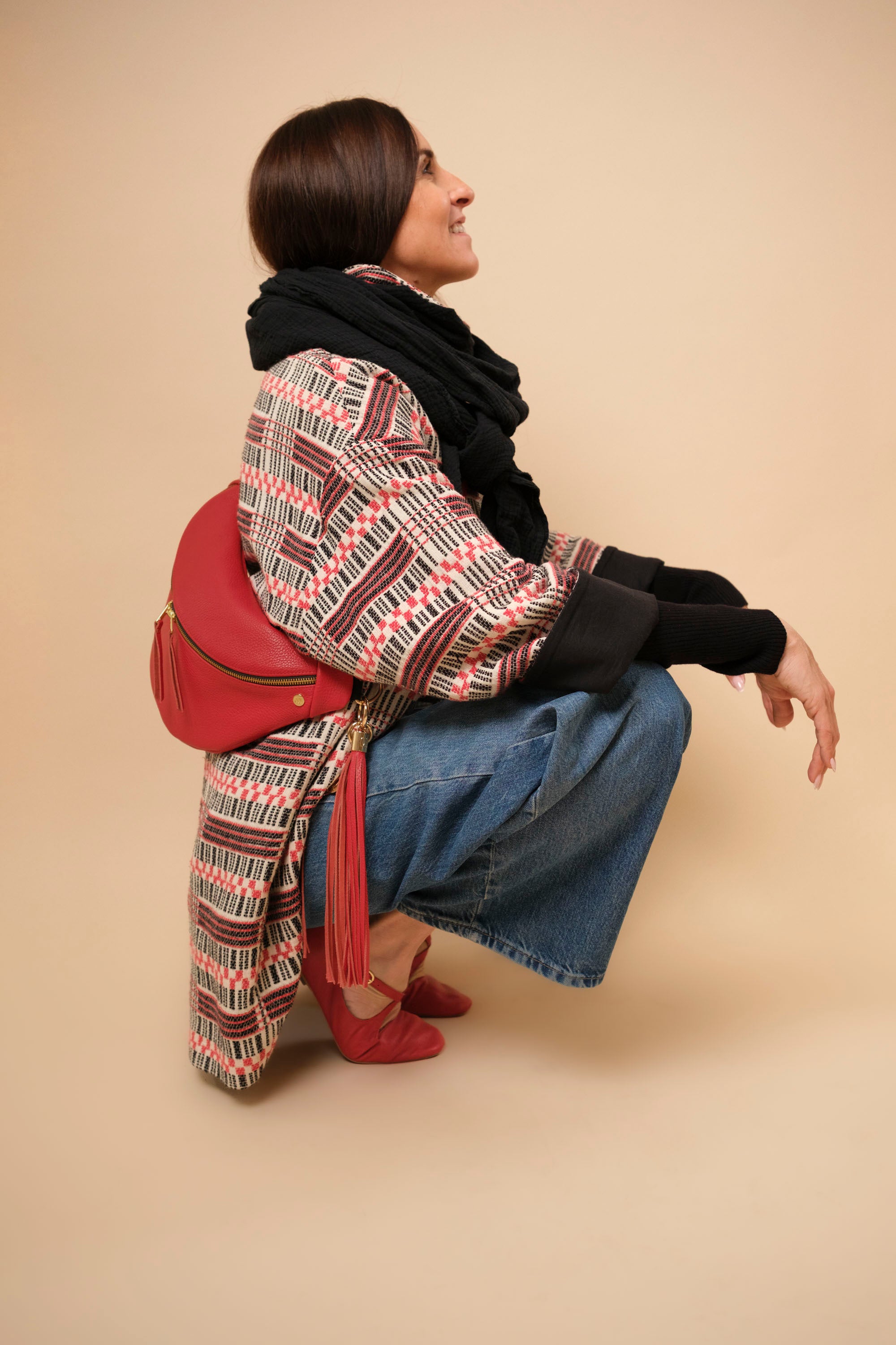 Banane Simple Cuir Grainé Rouge (avec Pompon)