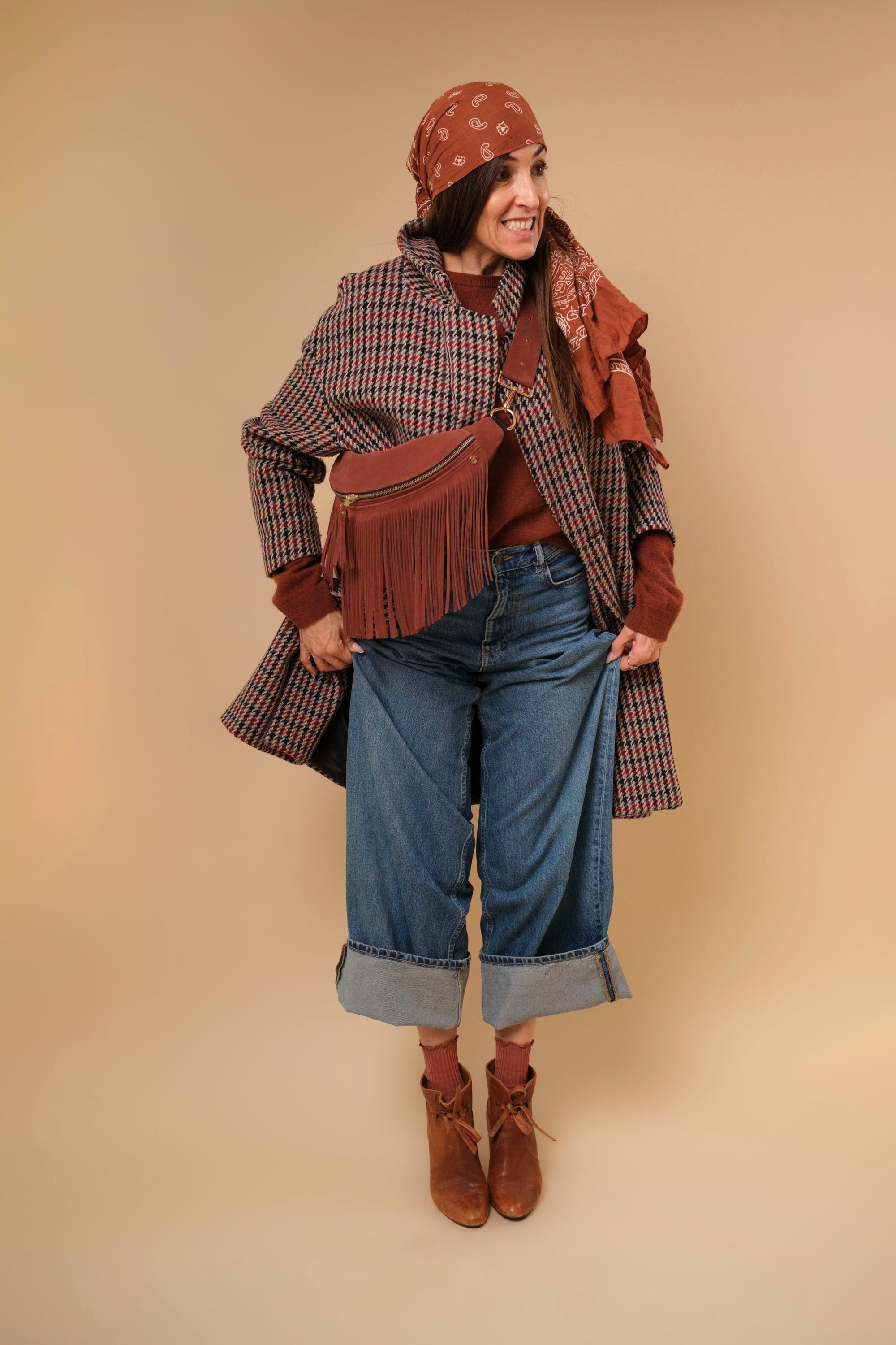 Banane à Frange Cuir Daim Rouille